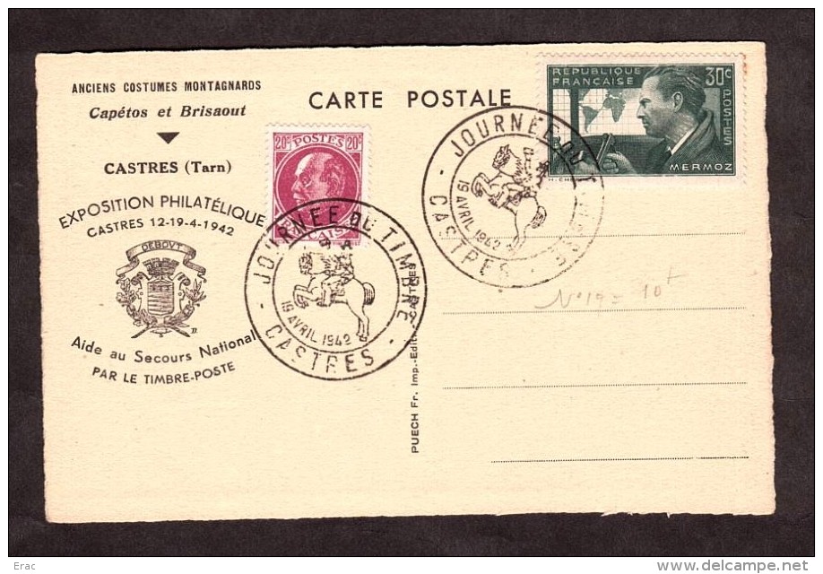 Carte Postale "Anciens Costumes Montagnards" - Journée Du Timbre 1942 - Castres - Pétain Et Mermoz  - Secours National - ....-1949