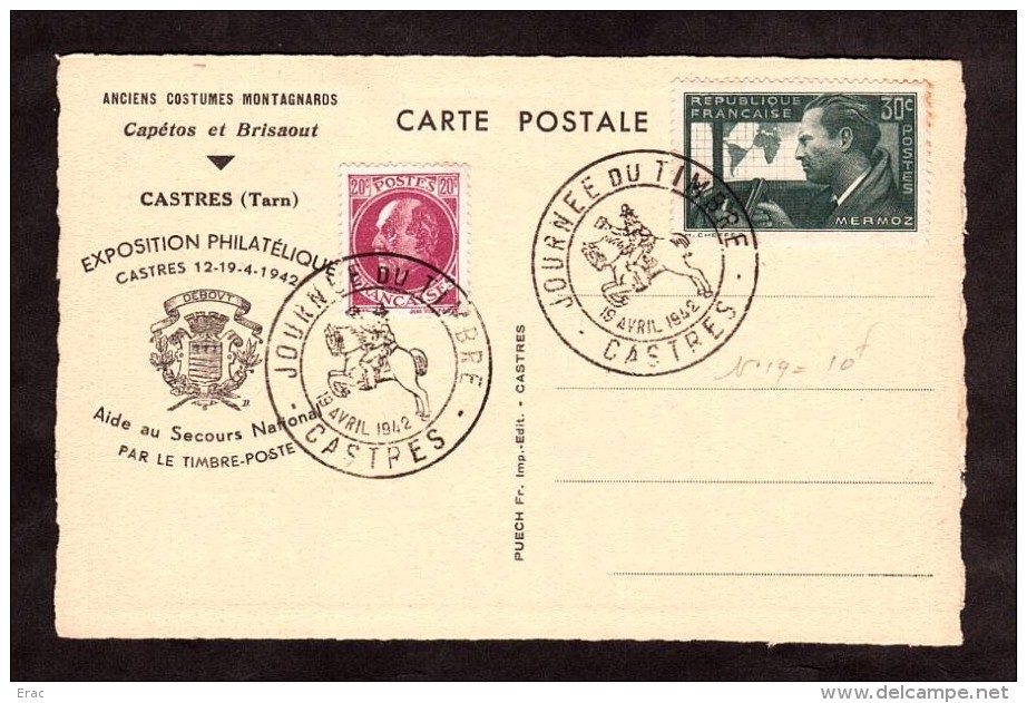 Carte Postale "Anciens Costumes Montagnards" - Journée Du Timbre 1942 - Castres - Pétain Et Mermoz  - Secours National - ....-1949