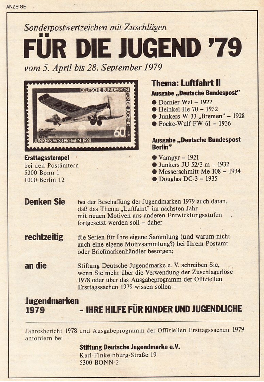 Original-Werbung/Anzeige 1979 - JUGENDMARKEN / BRIEFMARKEN /  DEUTSCHE BUNDESPOST - Ca. 120 X 190 Mm - Werbung