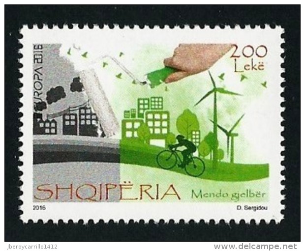 ALBANIA/ SHQIPERISE/ ALBANIEN - EUROPA 2016 - TEMA  "ECOLOGIA -EL PENSAMIENTO VERDE -THINK GREEN".- SERIE De 1 V. Tipo B - 2016