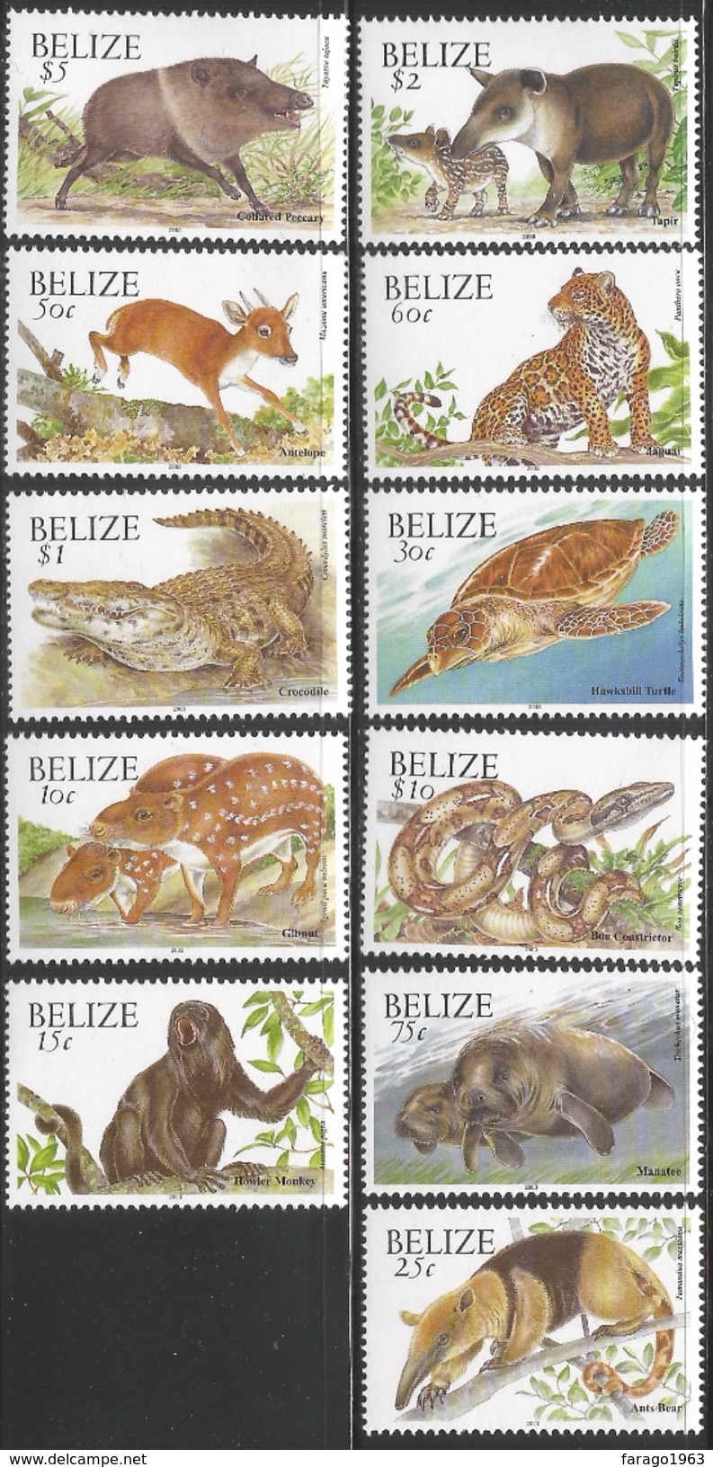 2003 Belize Mammals Definitive Reprints  Turtle Crocodile Jaguar Cat  Complete Set Of 11 MNH - Belize (1973-...)