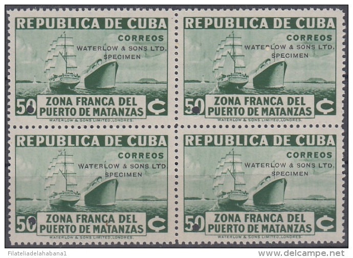 1936-310 CUBA REPUBLICA 1936. Ed.285. 50c ZONA FRANCA SHIP PROOF BLOCK 4 WATERLOW &amp; SON. COLORES DIFERENTES. - Ungebraucht