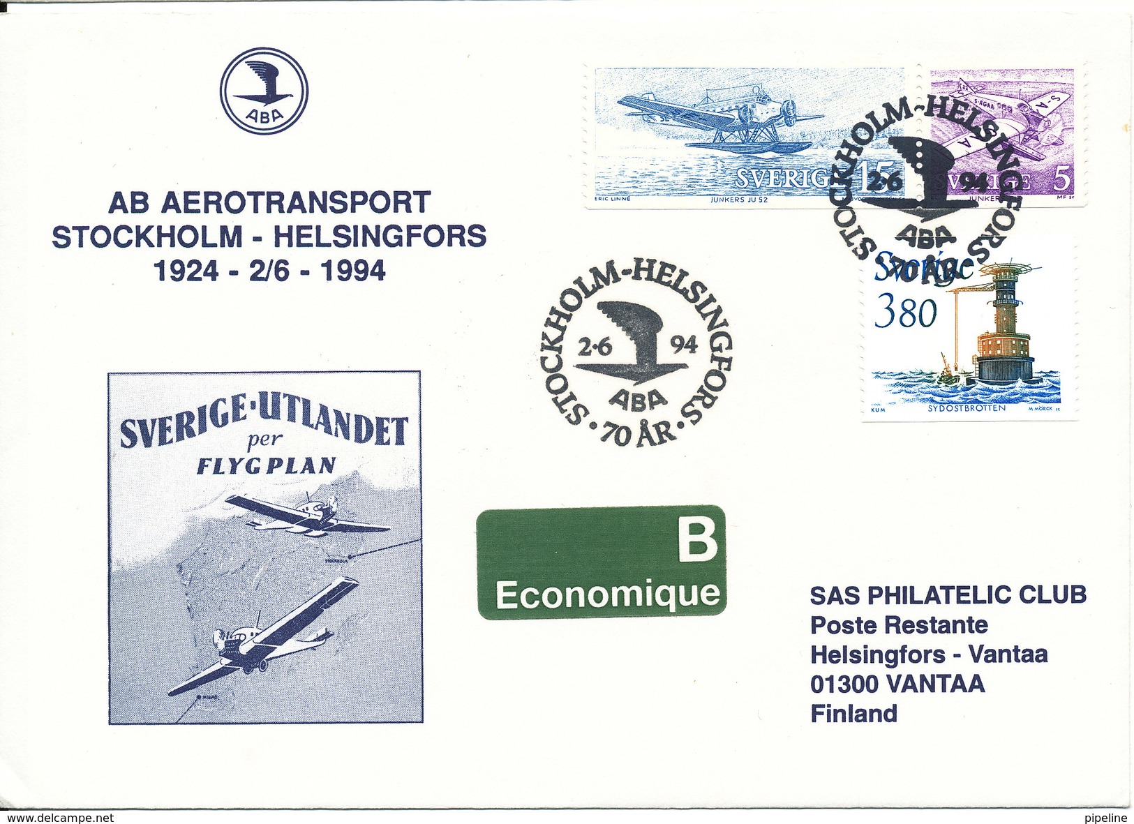 Sweden Cover ABA 70 Th Anniversary Aerotransport Stockholm - Helsingfors 2-6-1994 With Cachet - Covers & Documents
