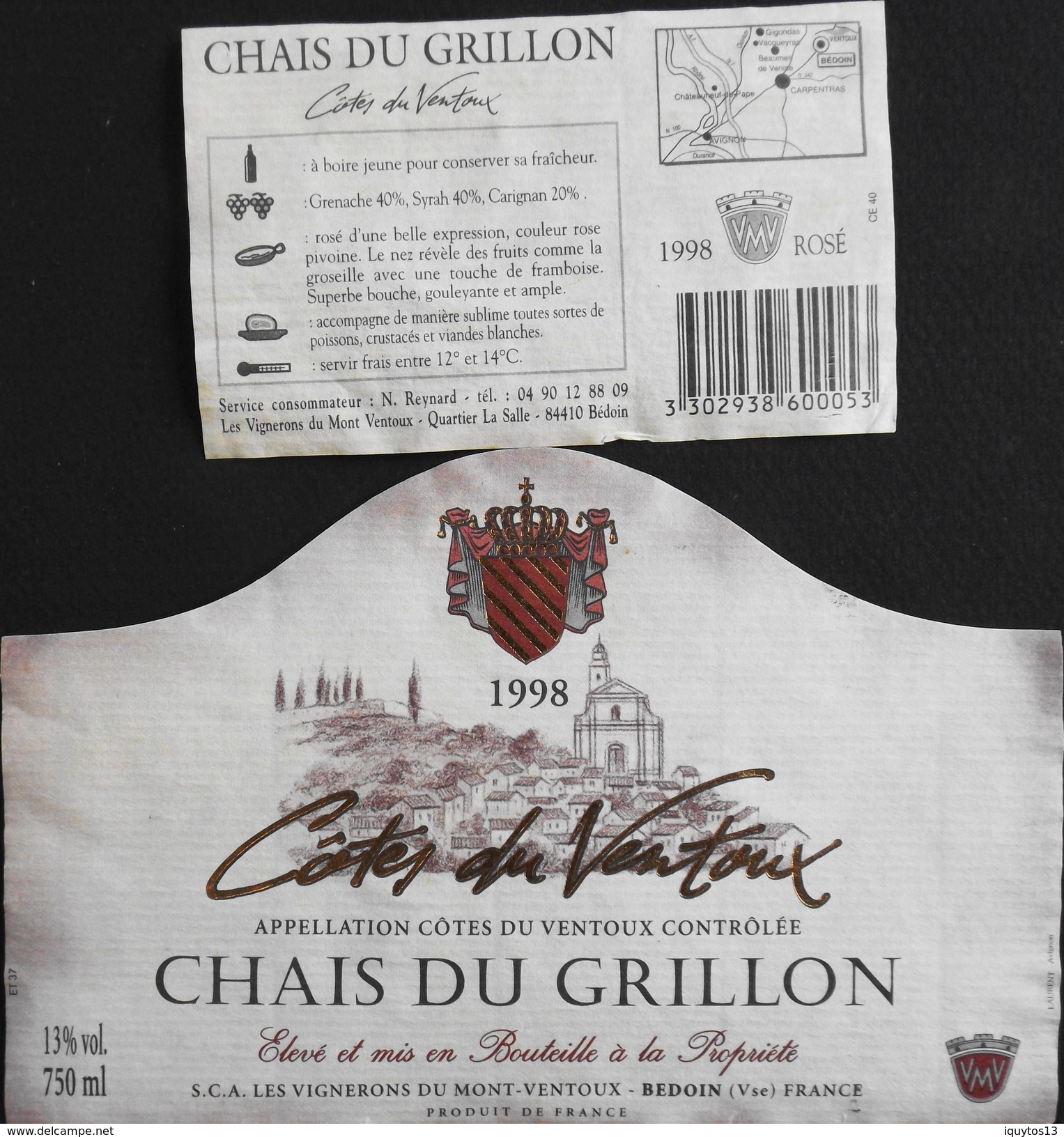 ETIQUETTE De VIN " CÔTES-du-VENTOUX 1998 " - Appel. Contrôlée - 13° - 75cl - Décollée B. état - Côtes Du Ventoux