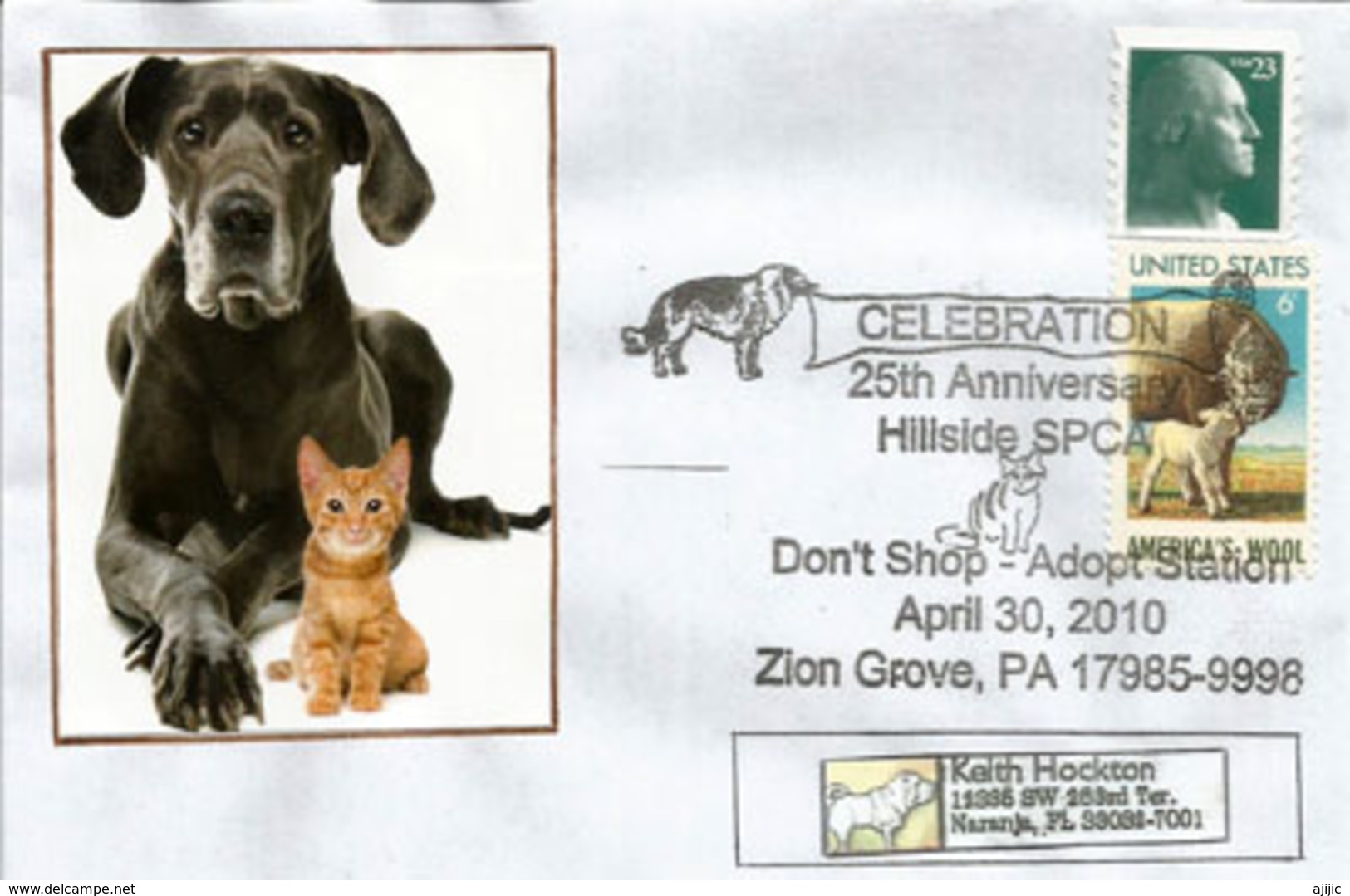 USA. Adopt A Pet., Adoptez Un Chat Ou Chien ,Zion Grove, Pennsylvanie. Enveloppe Souvenir,adressée Floride - Perros