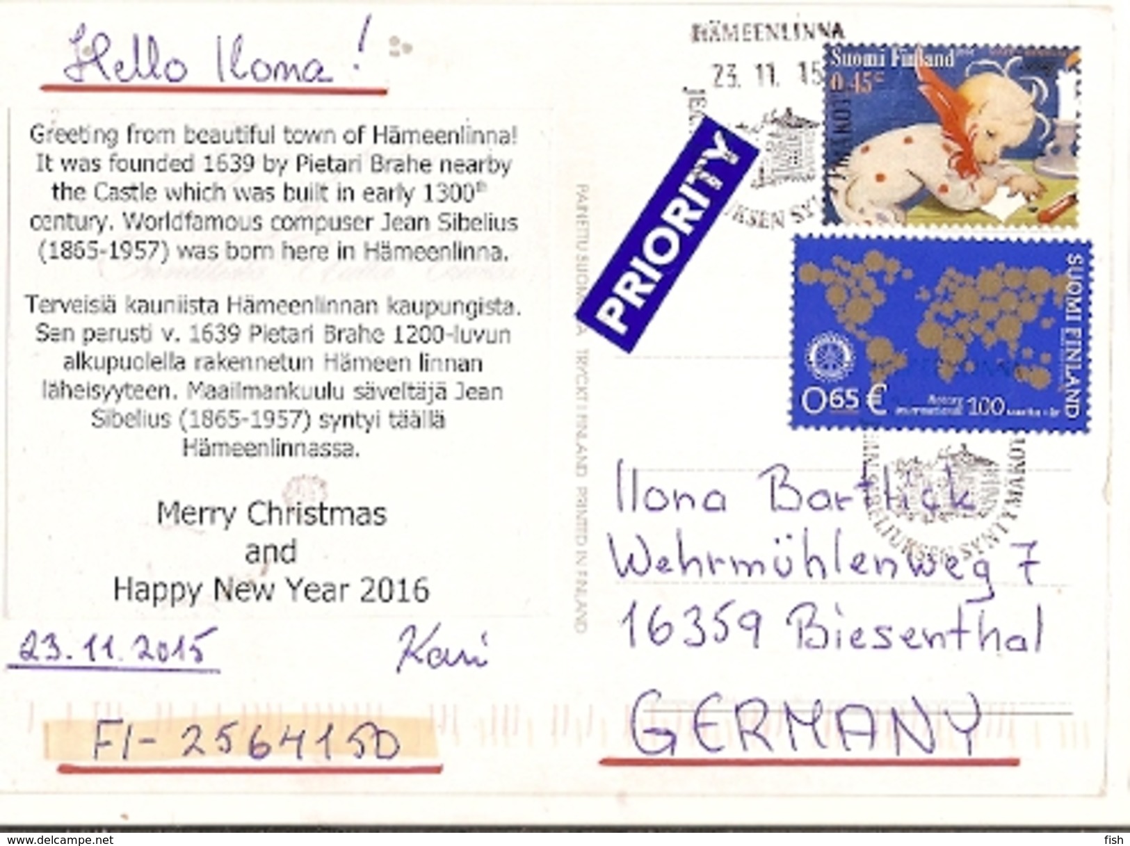 Finland & Postal, Hameenlinna To Biensenthal Alemanha 2015 (757) - Brieven En Documenten