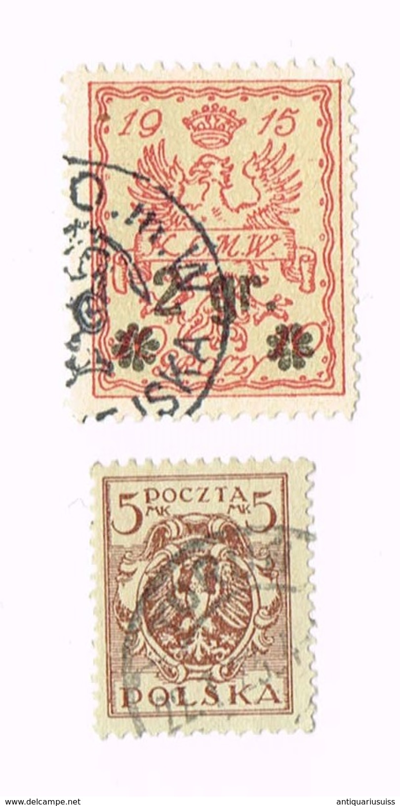 POCZTA POLSKA  - 1915 K.O.M.W.  10 GROSZY/ 2 GR    +  POCZTA POLSKA  5 MK - Usados