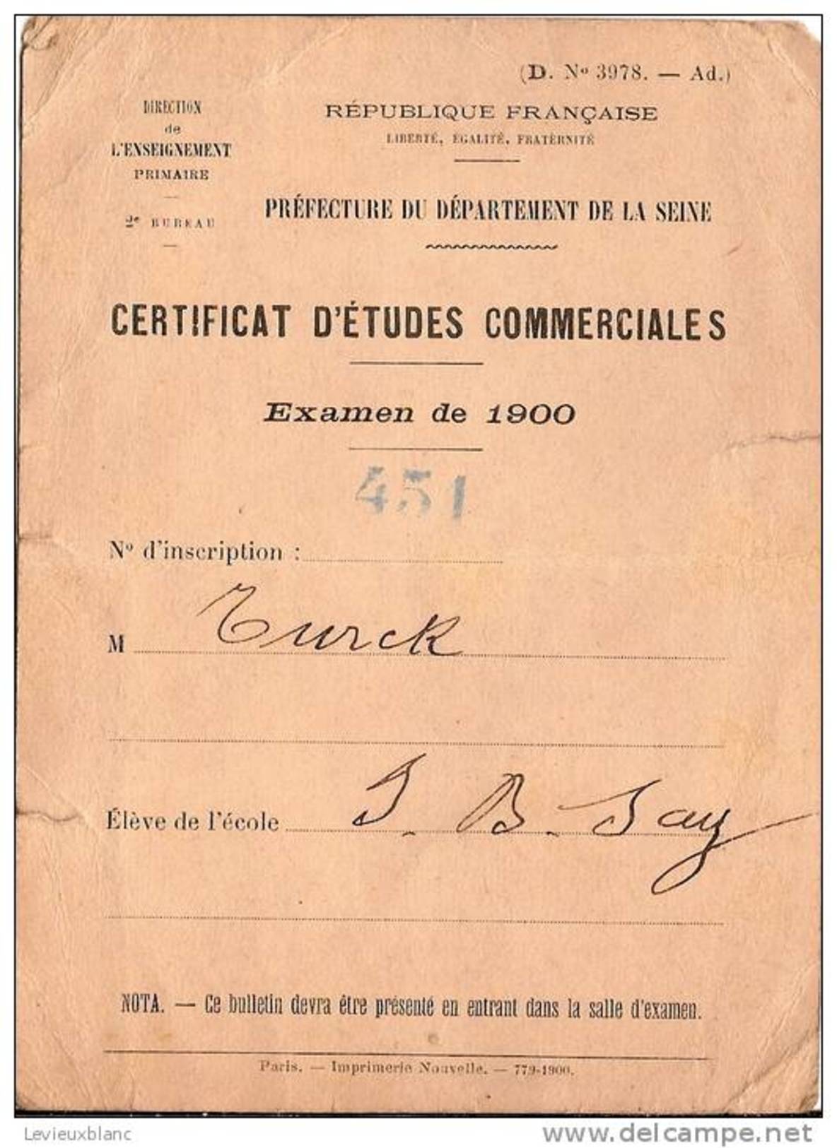 Carte De Convocation à L'Examen/ Certificat D'Etudes Commerciales/ Préfecture De La Seine/1900   VP515 - Materiaal En Toebehoren