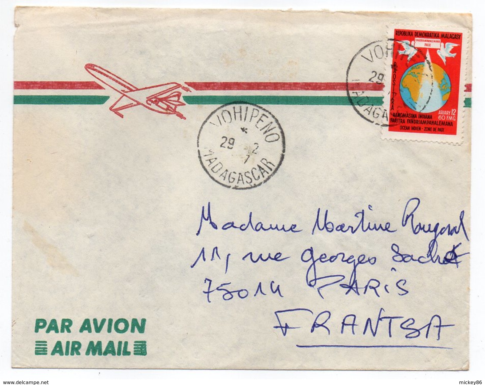 Madagascar--Lettre De VOHIPENO Pour PARIS (France)--timbre Seul Sur Lettre - Madagascar (1960-...)