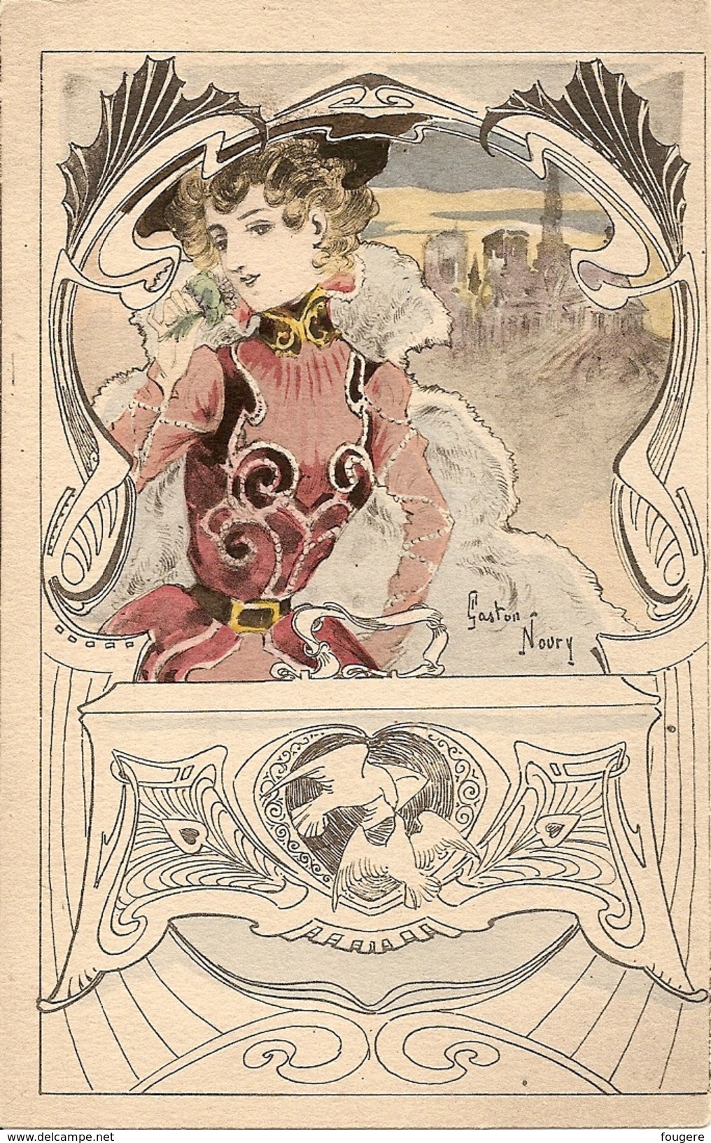 Gaston NOURY - Jeune Femme à La Robe Rouge, Au Chapeau Noir Et Au Coffret Aux Deux Colombes, Style Art Nouveau - Autres & Non Classés