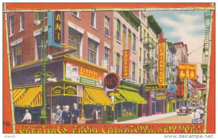 Chinatown Ethnic Neighborhood, New York City, Business District Mott And Pell Streets C1940s/50s Vintage Linen Postcard - Manhattan