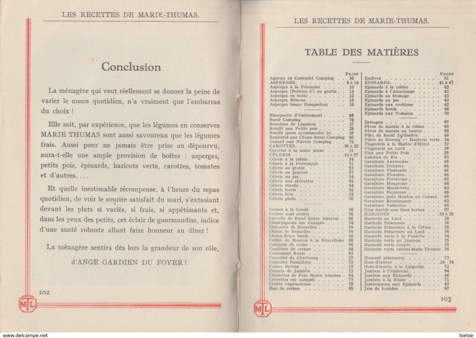 Recueil de recettes de Cuisine des Usines de Conserves Marie-Thumas , Louvain / Leuven