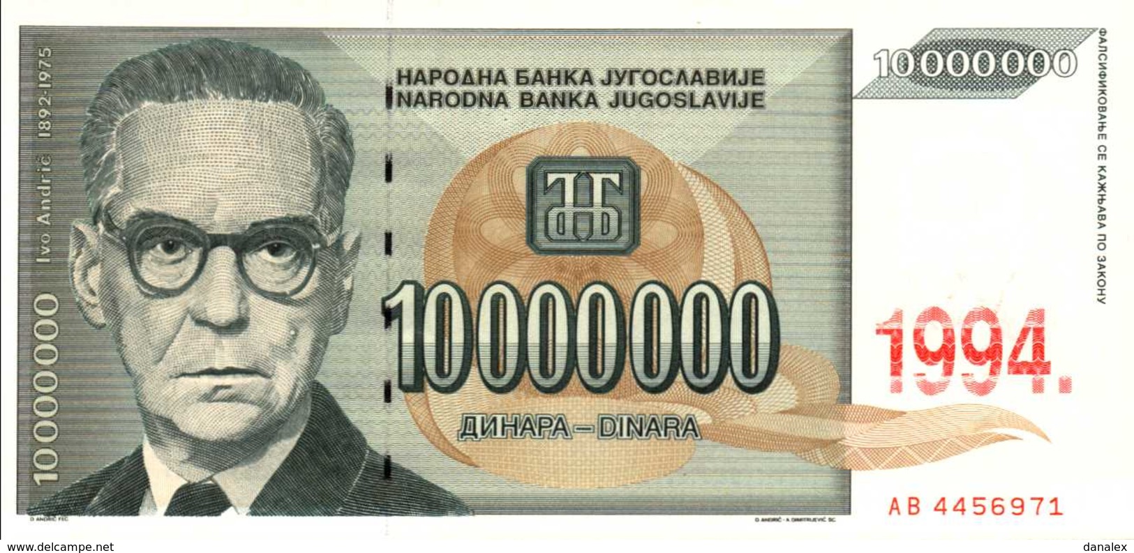 YOUGOSLAVIE 10000000 DINARA  De 1994  Pick 144a  UNC/NEUF - Yugoslavia