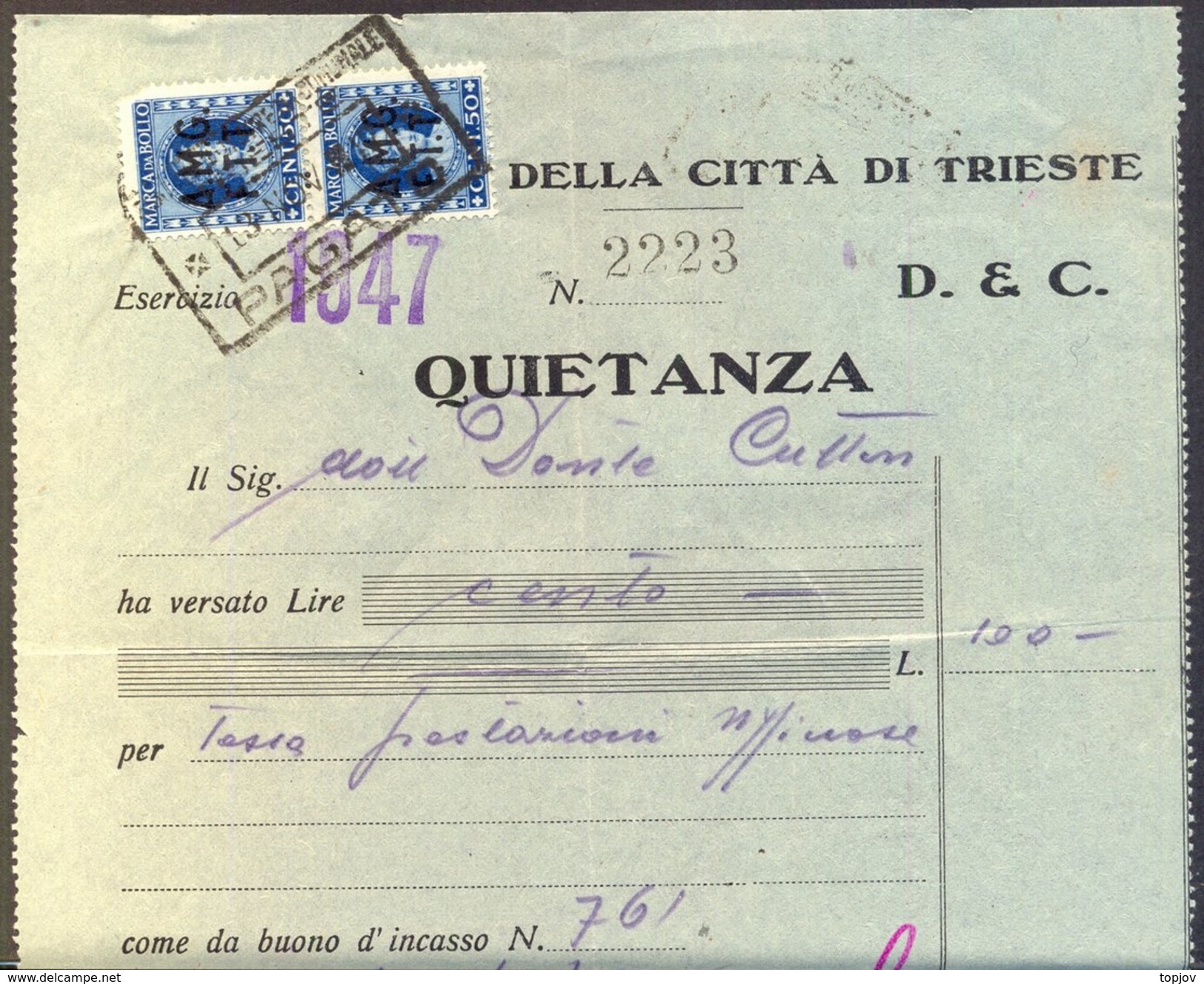 ITALIA - REVENUE Ovpt. On QUIETANZA - TRIESTE - 1947 - Steuermarken