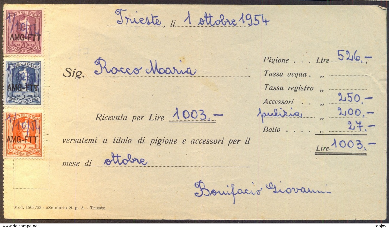 ITALIA - REVENUE Ovpt. On RICEVUTA - TRIESTE - 1954 - Revenue Stamps