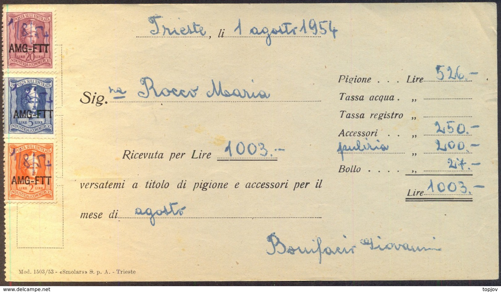 ITALIA - REVENUE Ovpt. On RICEVUTA - TRIESTE - 1954 - Fiscaux