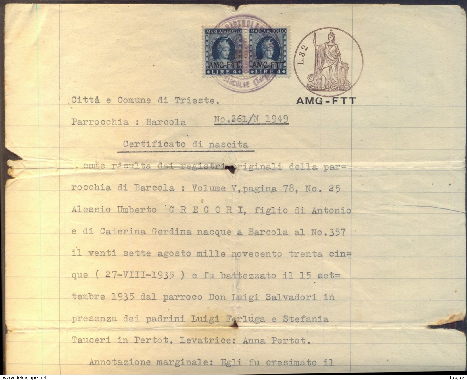 ITALIA - REVENUE Ovpt. On NASCITA - BARCOLA TRIESTE - 1949 - Fiscale Zegels