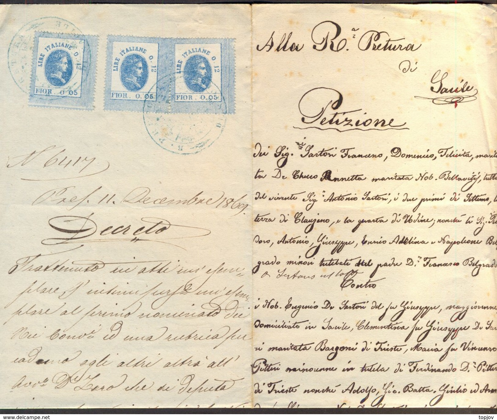 ITALIA - REVENUE Ovpt. On PETIZIONE DECRETO  - 1869 - Steuermarken