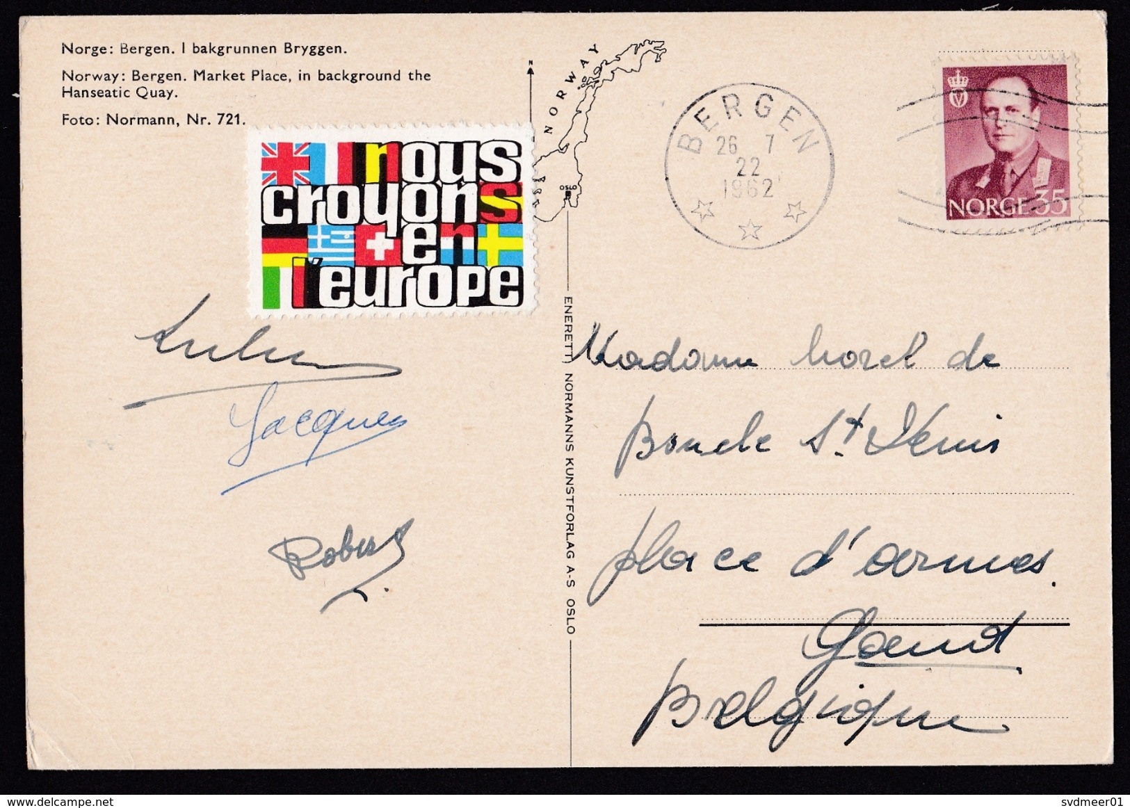 Norway: PPC Picture Postcard To Belgium, 1962, 1 Stamp, Cinderella Europe, Card: Harbour Bergen (traces Of Use) - Brieven En Documenten