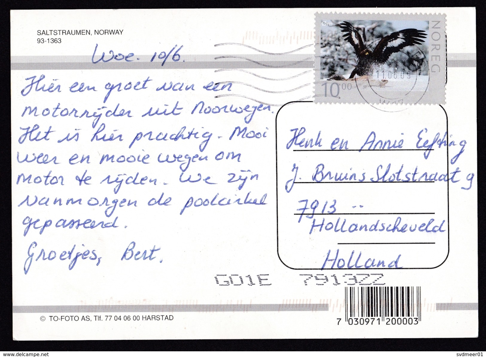 Norway: PPC Picture Postcard To Netherlands, 2009, 1 Stamp, Bird, Eagle, Predator, Card: Saltstraumen (traces Of Use) - Briefe U. Dokumente