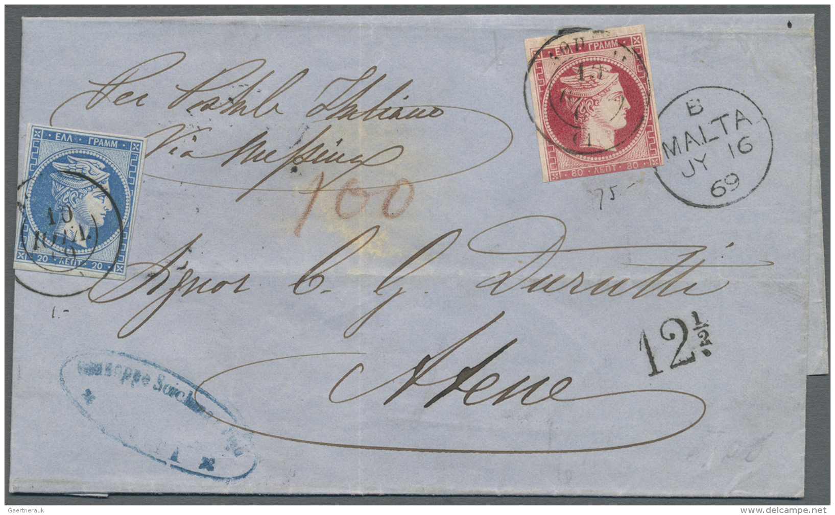 Griechenland: 1869, Folded Envelope From MALTA With Cds. And Black "12 1/2" Alongside Showing Red Crayon "100" For Taxe - Malta