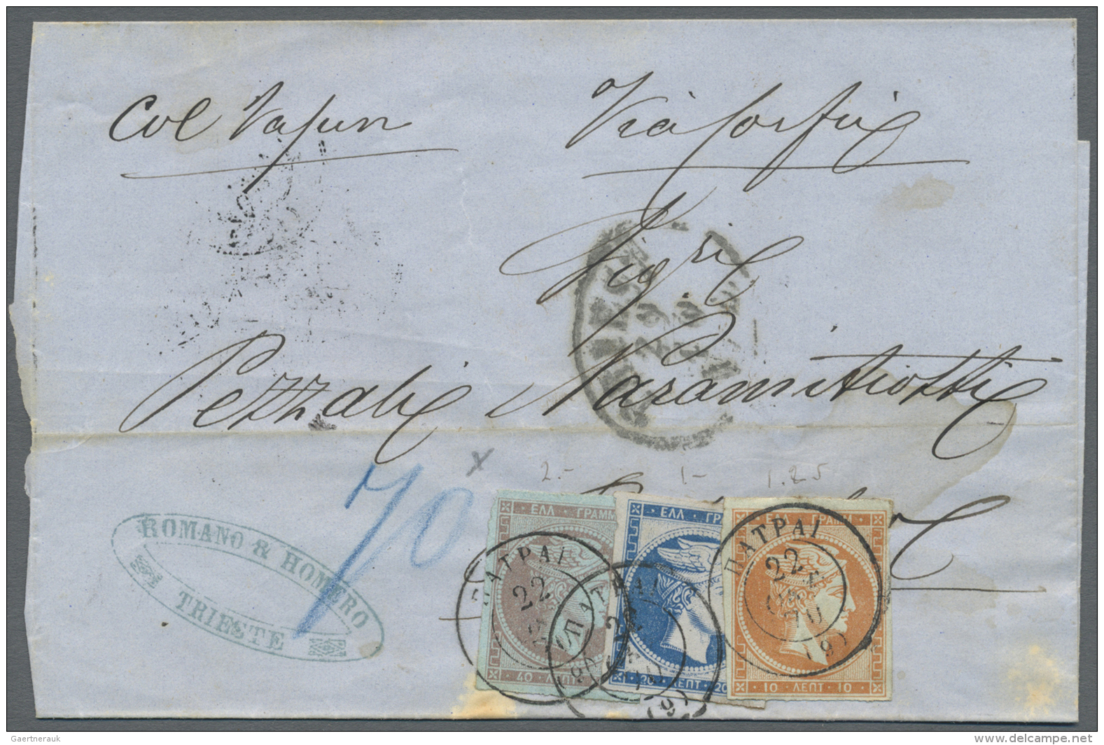 Griechenland: 1870, Folded Envelope From TRIEST With Oval Ds. Showing Blue Crayon "70" For Taxe On Front, Single 40 L. L - Briefe U. Dokumente