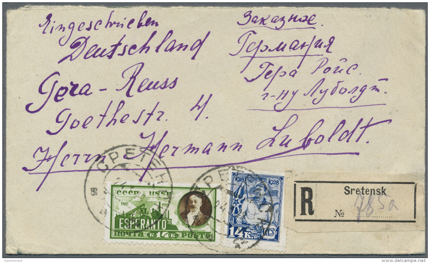 Thematik: Esperanto: 1928, USSR  Zamenhof 14 K. W. Definitive 14 K. Tied "SRETENSK 24 3 28" To Registered Cover To Germa - Briefe U. Dokumente