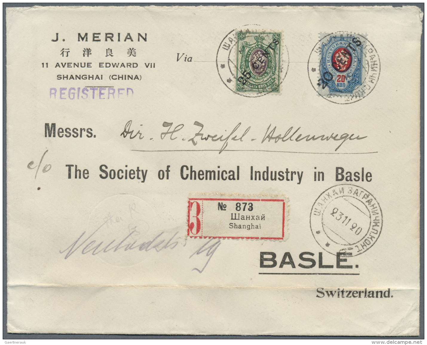 Russische Post In China: 1920, 20 C./20 K. And 25 C./25 K. Tied "XANGHAI 23 11 20" To Registered Cover To Switzerland, C - China