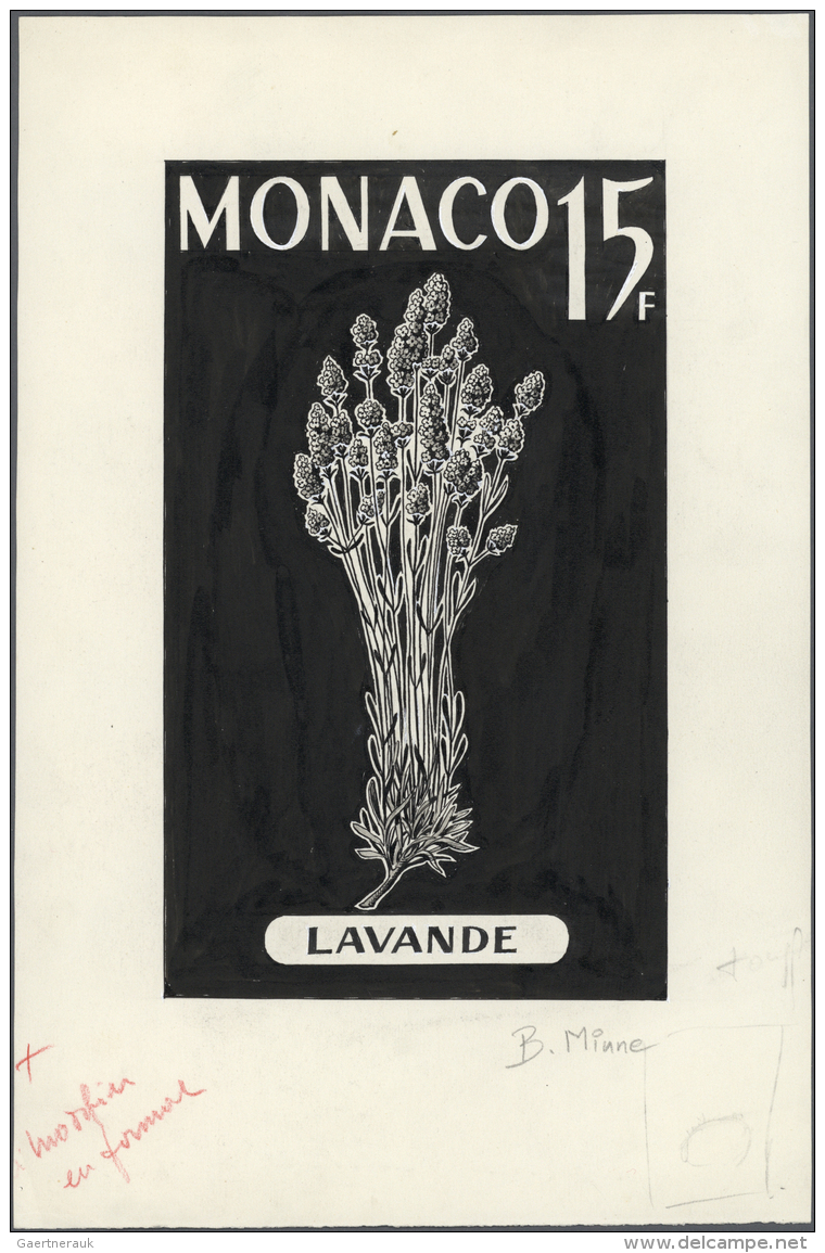 Monaco: 1959 (approx). Artwork For A 15fr Stamp Showing LAVANDE. Ink On Art Paper. Signed By Artist. Netto Size 130x217 - Sonstige & Ohne Zuordnung