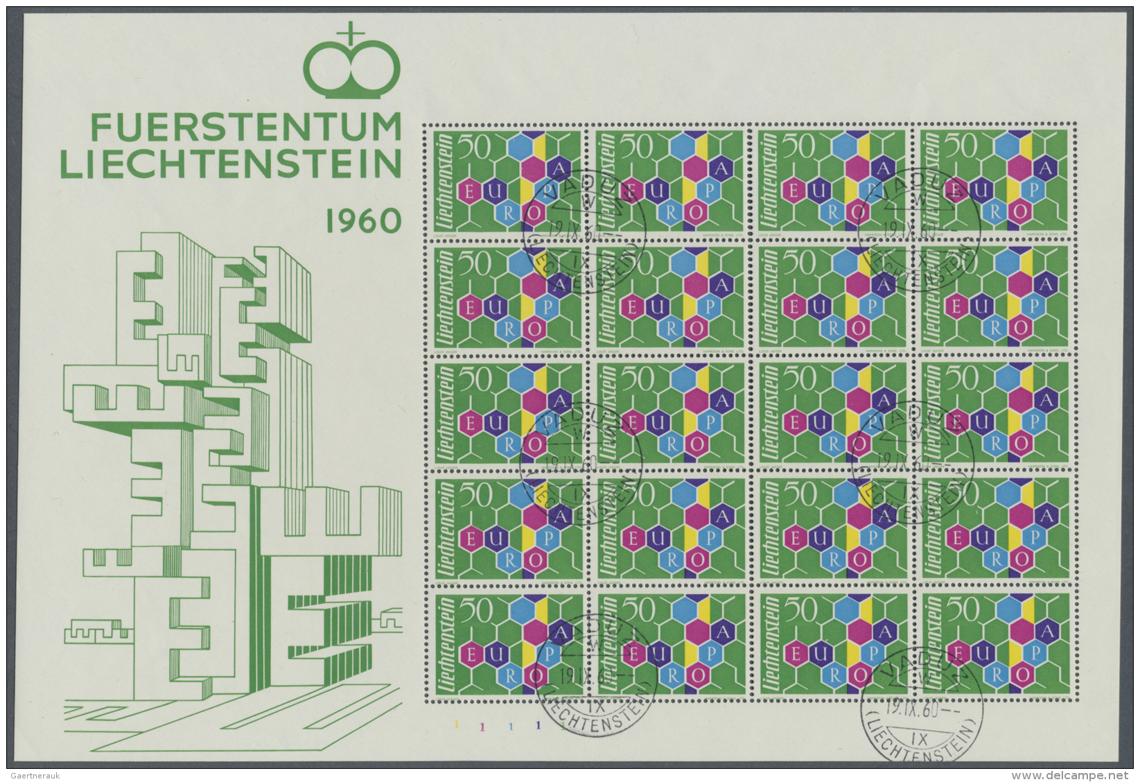 Liechtenstein: 1960, 50 Rp. Europa, 1. Auflage Im Kompletten Originalbogen Zu 20 Werten, Gestempelt In Ausgesuchter Luxu - Gebraucht