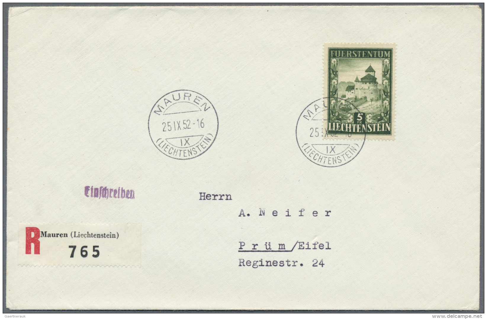 Liechtenstein: 1952, 5 Fr. Schlo&szlig; Vaduz Als Einzelfrankatur Auf Luxus-R-FDC Aus &bdquo;MAUREN 25.IX.52&rdquo; Nach - Briefe U. Dokumente