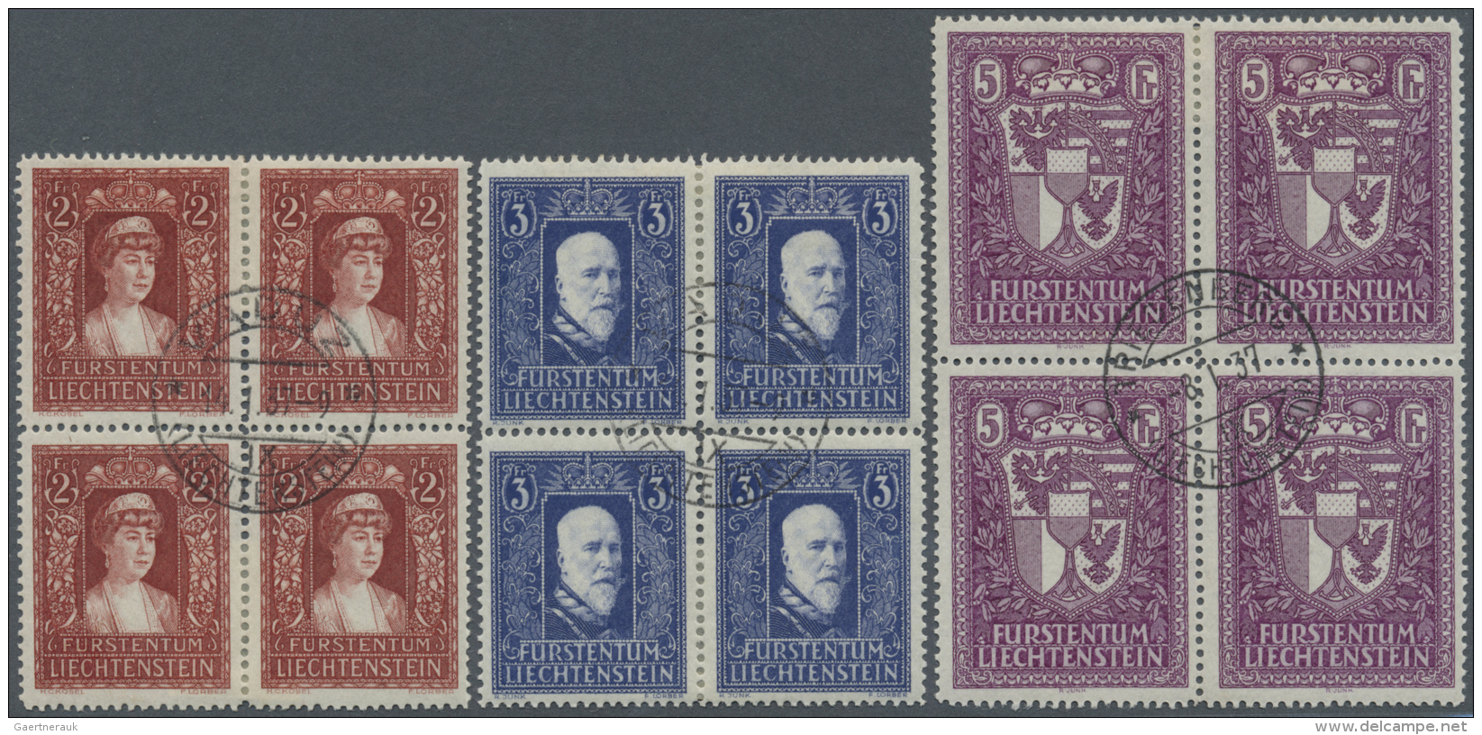 Liechtenstein: 1933/35, 2-5 Fr. Freimarken In Zentrisch Gestempelten Luxus-Viererbl&ouml;cken. Eine Sehr Seltene Und Dek - Used Stamps