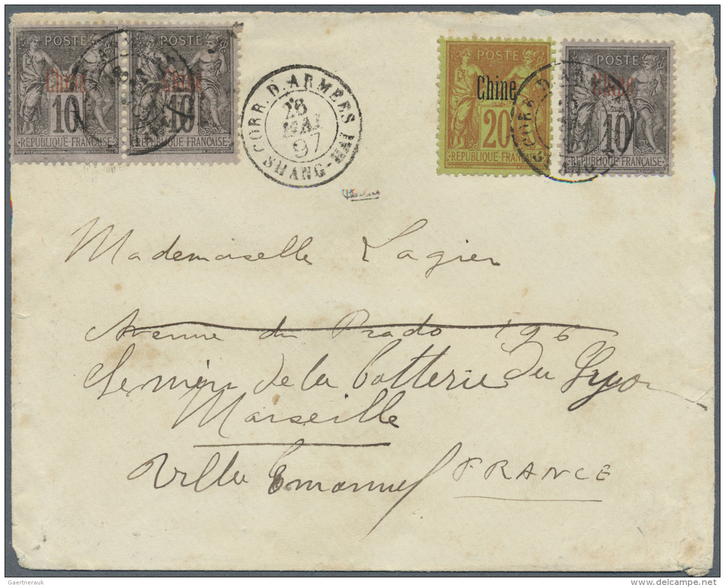 China - Besonderheiten: 1897 Cover From The French Army Corps In Shanghai To Marseille, Franked With 10c. (pair And Sing - Other & Unclassified