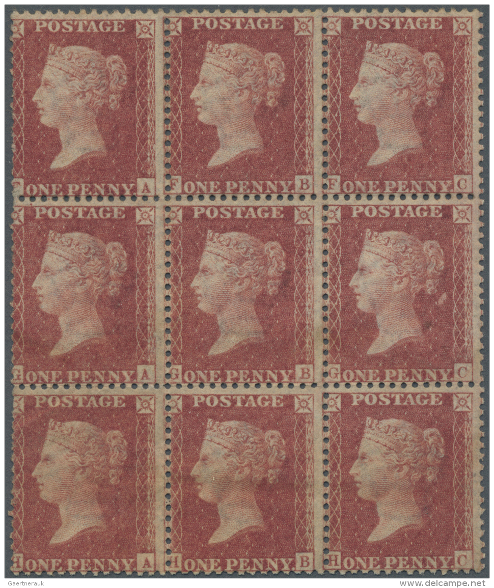 Gro&szlig;britannien: 1857, A Mint Block Of Nine Of QV 1 D. Rose-red On White Paper, Die II, Alphabet III, Watermark Lar - Unused Stamps