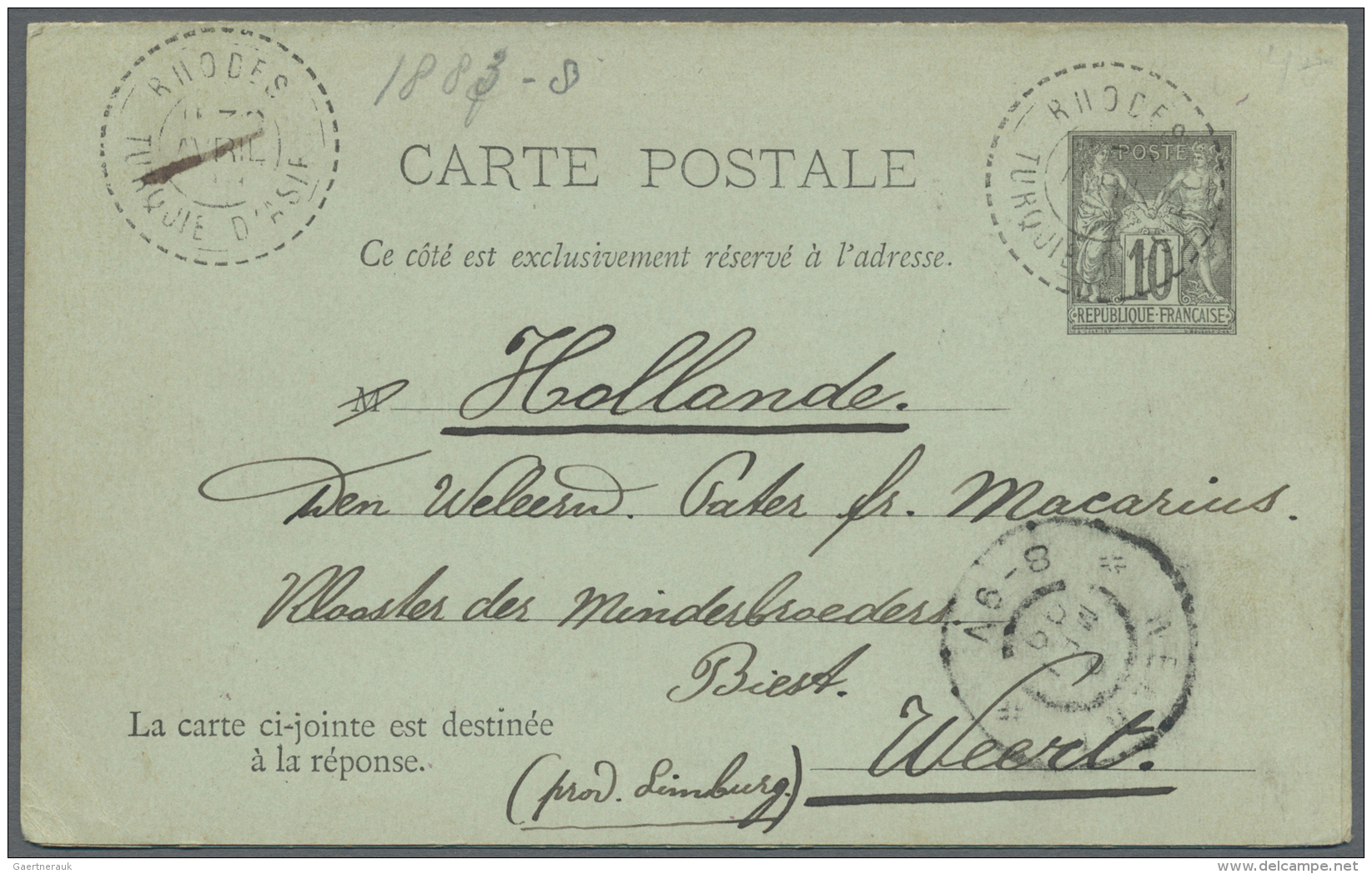 Franz&ouml;sische Post In Der Levante: 1899, Rhodos: Reply Card 10 C.+10 C. Canc. "RHODES TURQUIE D'ASIE 30 AVRIL 99" Vi - Other & Unclassified