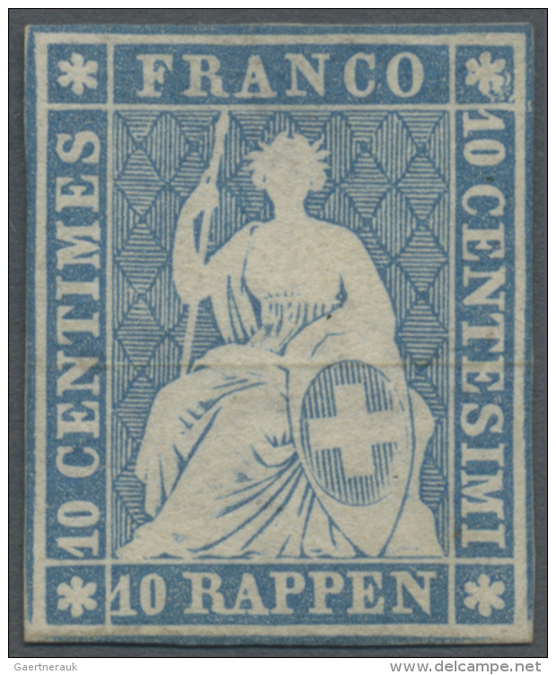 Schweiz: 1854 Strubel 10 Rp. Blau Mit Gr&uuml;nem Seidenfaden Vom Sp&auml;ten M&uuml;nchner Druck, Sauber Ungebraucht, G - Ungebraucht