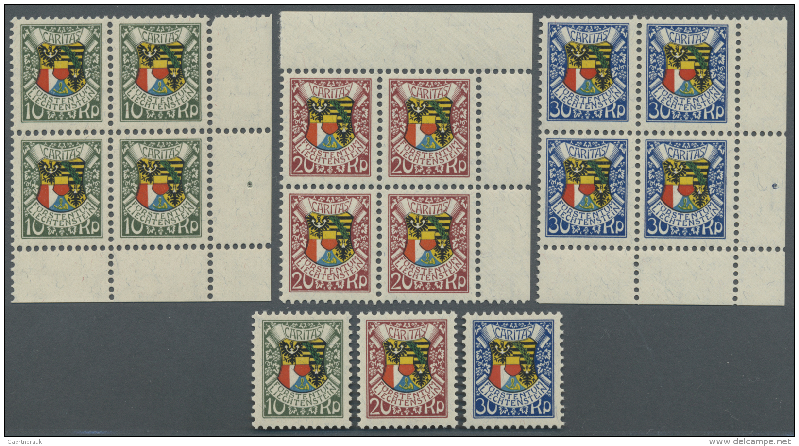 Liechtenstein: 1927, Caritas, 5 Serien, Einmal Im Viererblock Aus Den Bogenecken, Einmal Einzeln, Je Tadellos Postfrisch - Ungebraucht