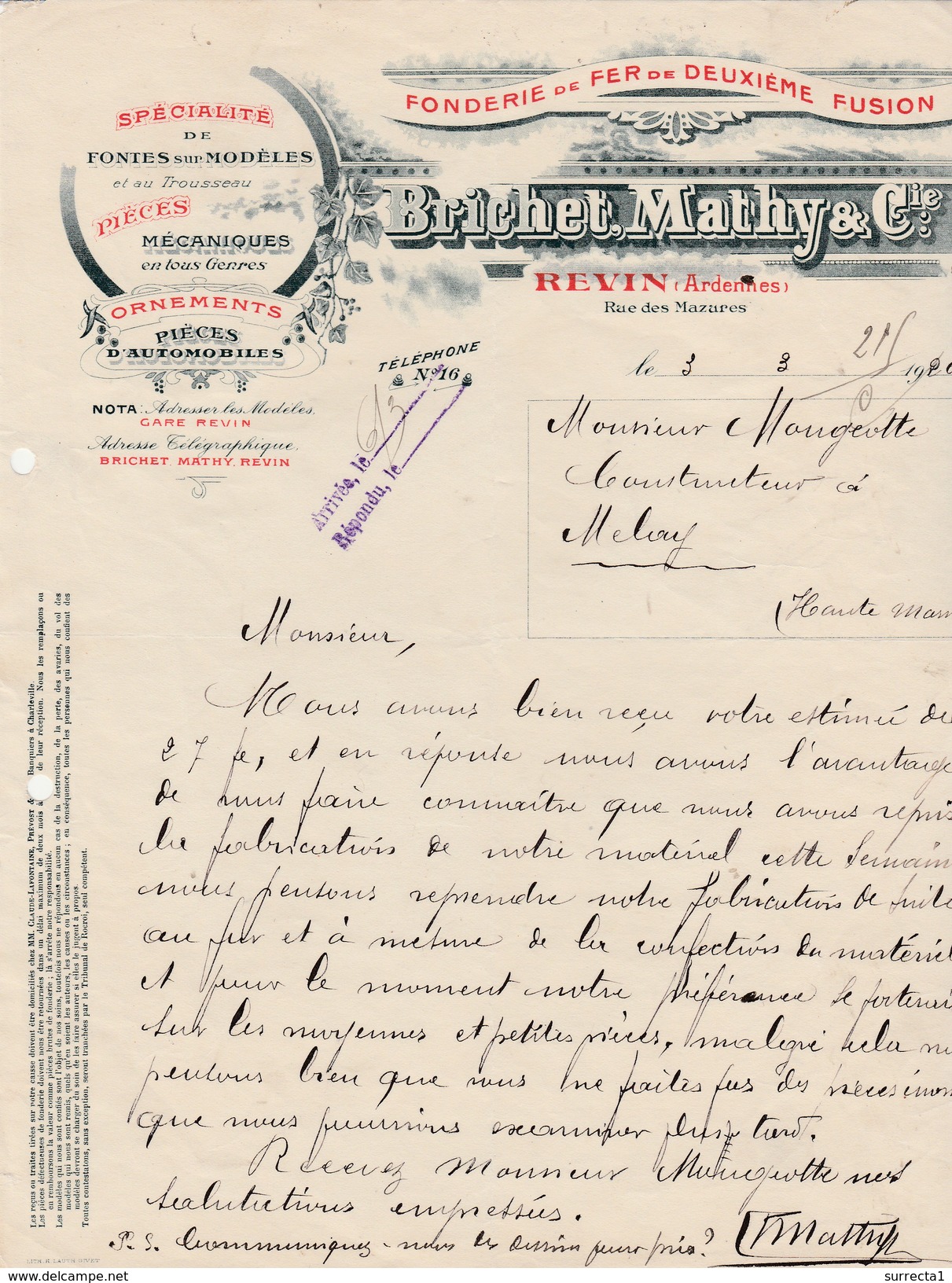 Facture 1920 / BRICHET MATHY / Fonderie De Fer / Fonte / 08 Revin Ardennes - Other & Unclassified