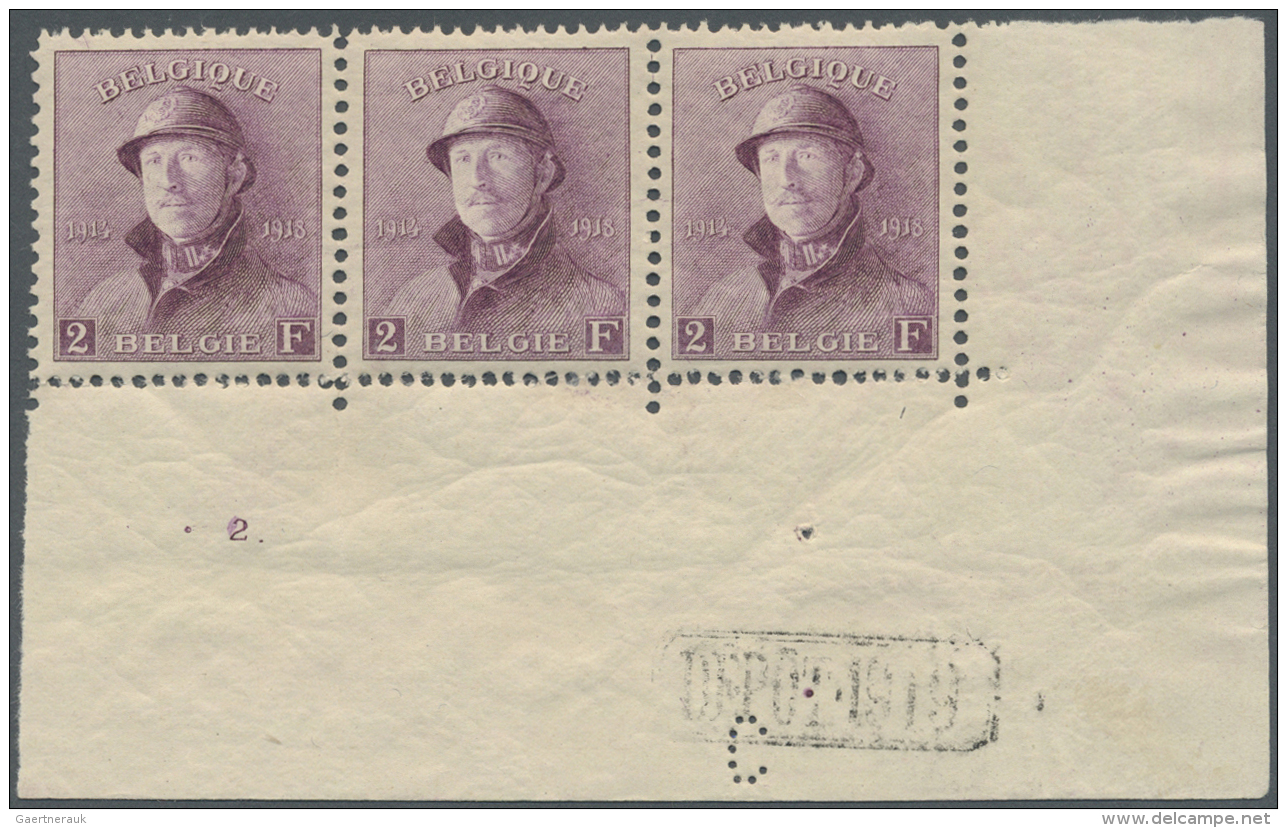 Belgien: 1919/1920, King Albert I With Helmet, 2 Fr. Lilac Mnh Strip Of Three From Lower Right Corner Margin With Plate - Ungebraucht