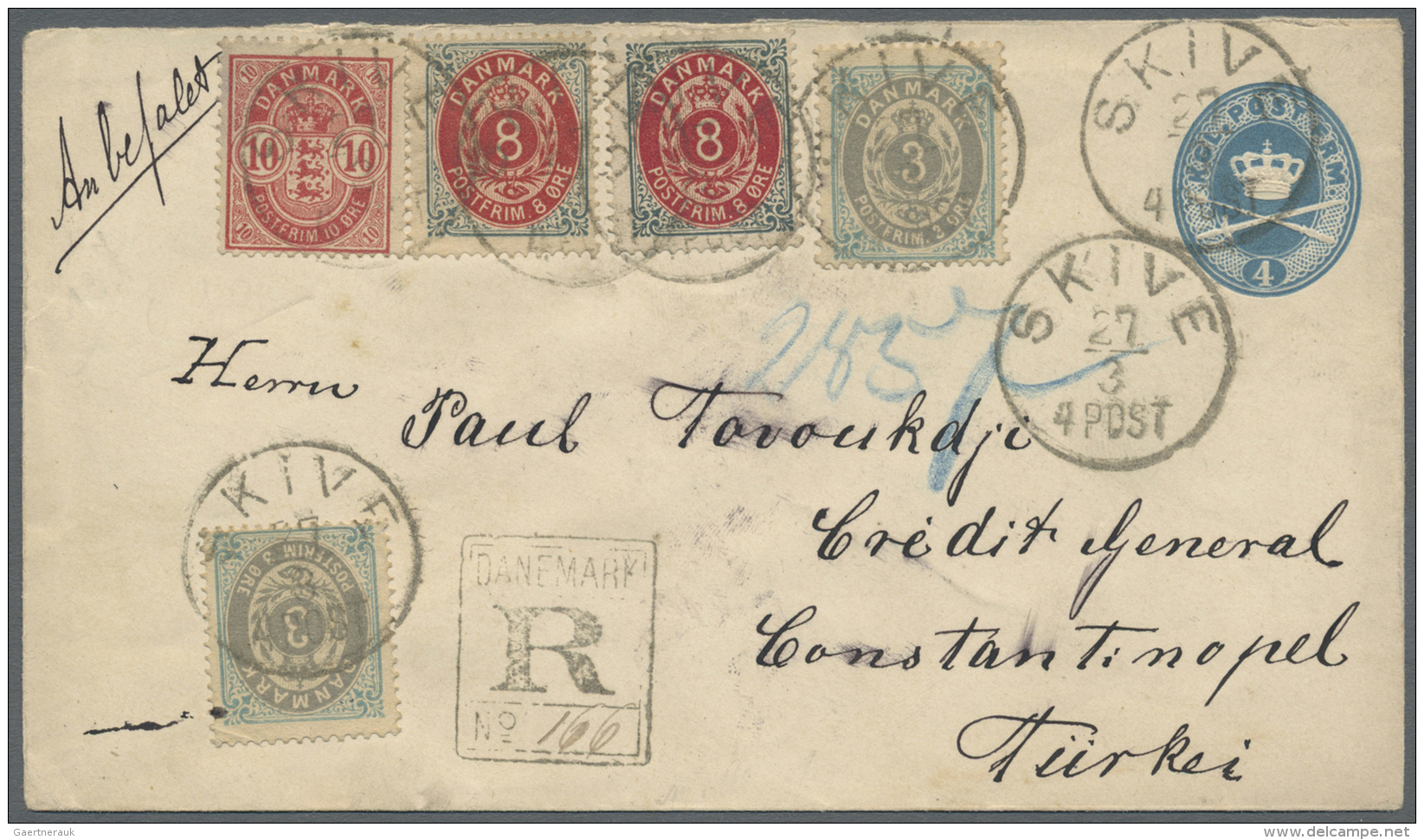 D&auml;nemark: 1893 (27.3.), Stat. Envelope 4&ouml;re Blue Uprated With 1875/79 Issues 3&ouml;re Blue/grey (2), 8&ouml;r - Briefe U. Dokumente