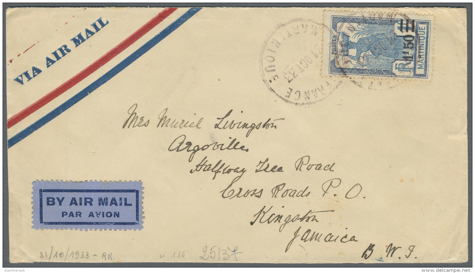 Martinique: 1933, Airmail From PORTO DE FRANCE - MARTINIQUE Sent To Kingston, Jamaica. Arrival Mark On Back. - Andere & Zonder Classificatie