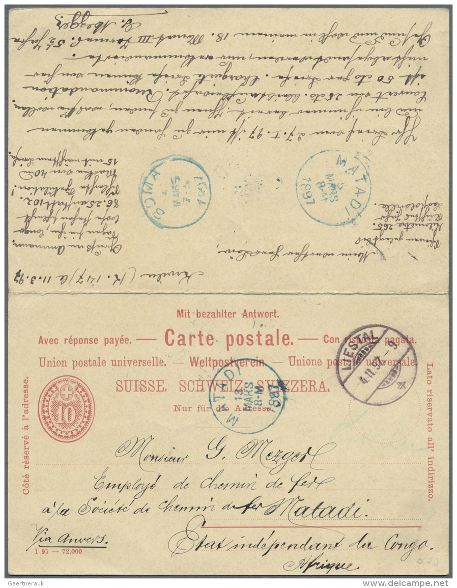 Belgisch-Kongo: 1892, Suisse Stationery Double-card 10 C From "LIESTAL 4.2.97"to Matadi, Cong Belge With Arrival 5.3.97, - Briefe U. Dokumente