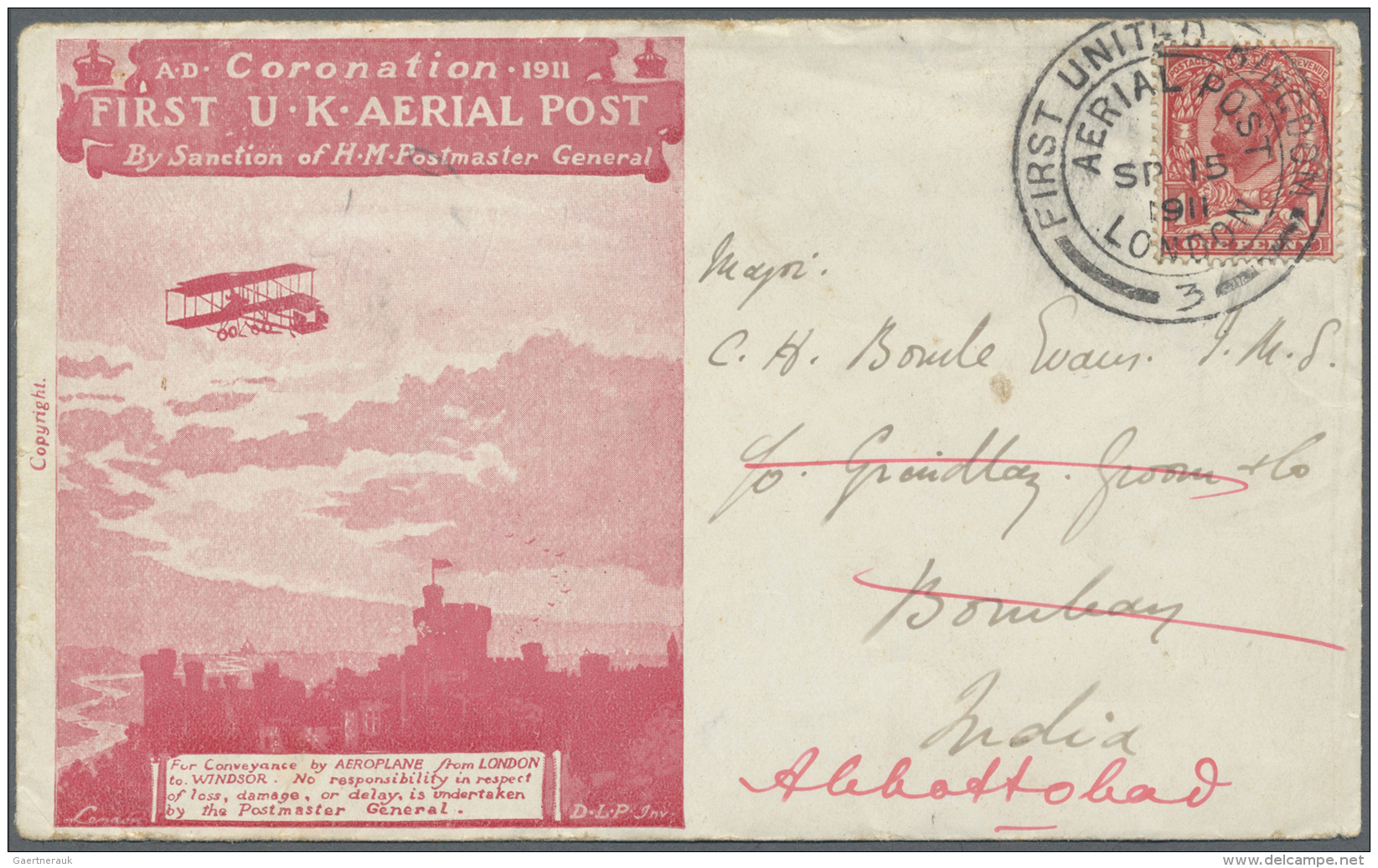 Indien - Flugpost: 1911 "First United Kingdom Aerial Post" Illustrated Cover + Respective Folded Card Inside, Sent From - Luftpost