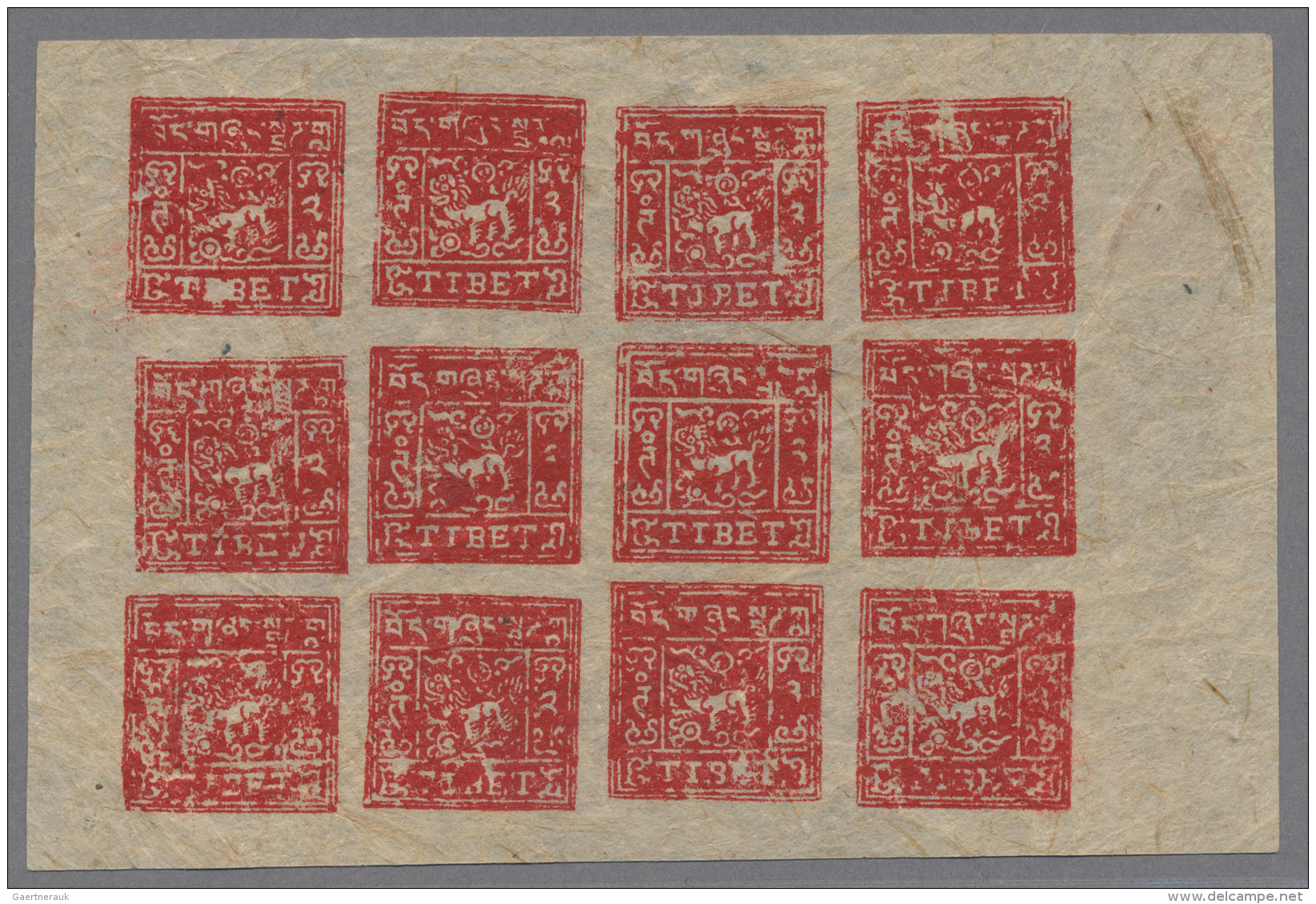 Tibet: 1933-59, 2 T (karmin)rot, Ungez&auml;hnter Druckbogen Von 12 St&uuml;ck, Ungummiert, Wie Verausgabt, Kab. - Andere-Azië