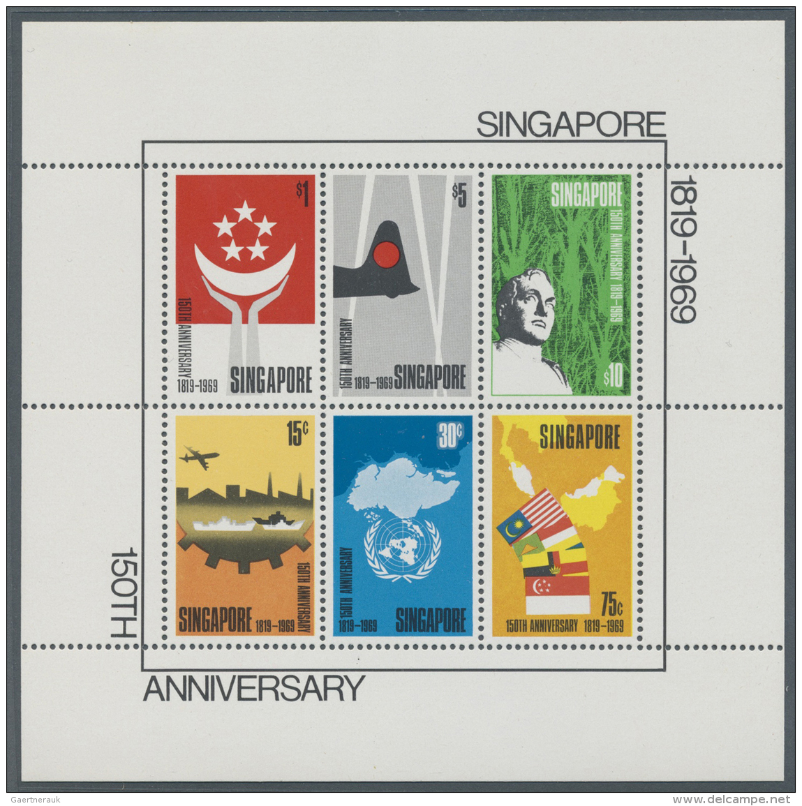 Singapur: 1969, 150th Anniversary Singapore Souvenir Sheet, Mint Never Hinged, Fine, 700,- - Singapore (...-1959)