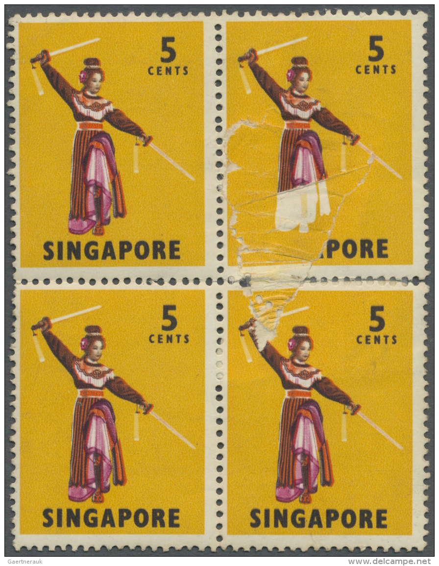 Singapur: 1968, Dancer 5 C., A Block-4 With Paper Fold Making Bottom Half Of Shirt And "SINGA.." Disappearing. - Singapore (...-1959)