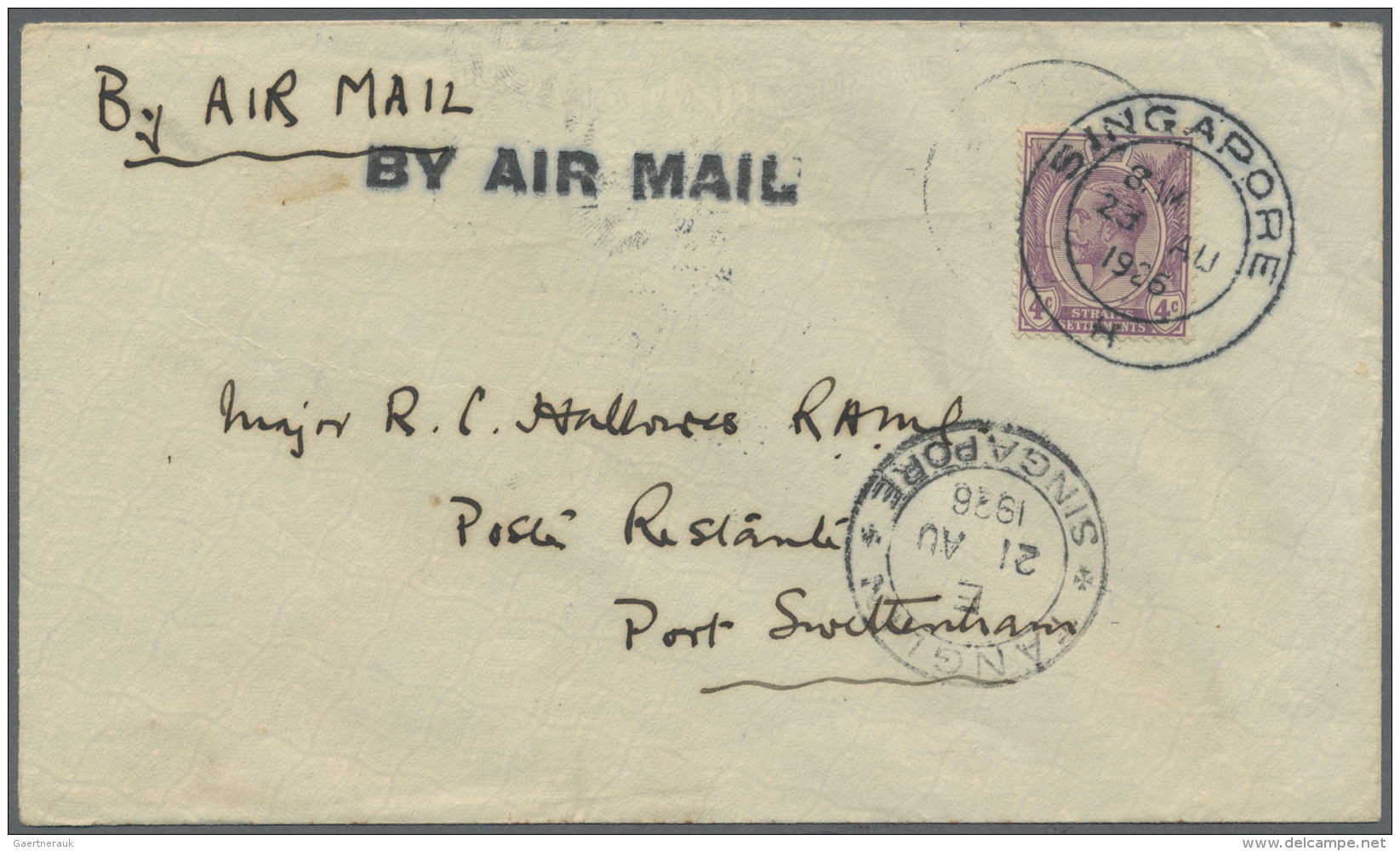 Singapur: 1926 (21.8.), Straits Settlements KGV 4c. Violet Single Use On Airmail Cover From Singapore Cancelled 23rd Aug - Singapore (...-1959)