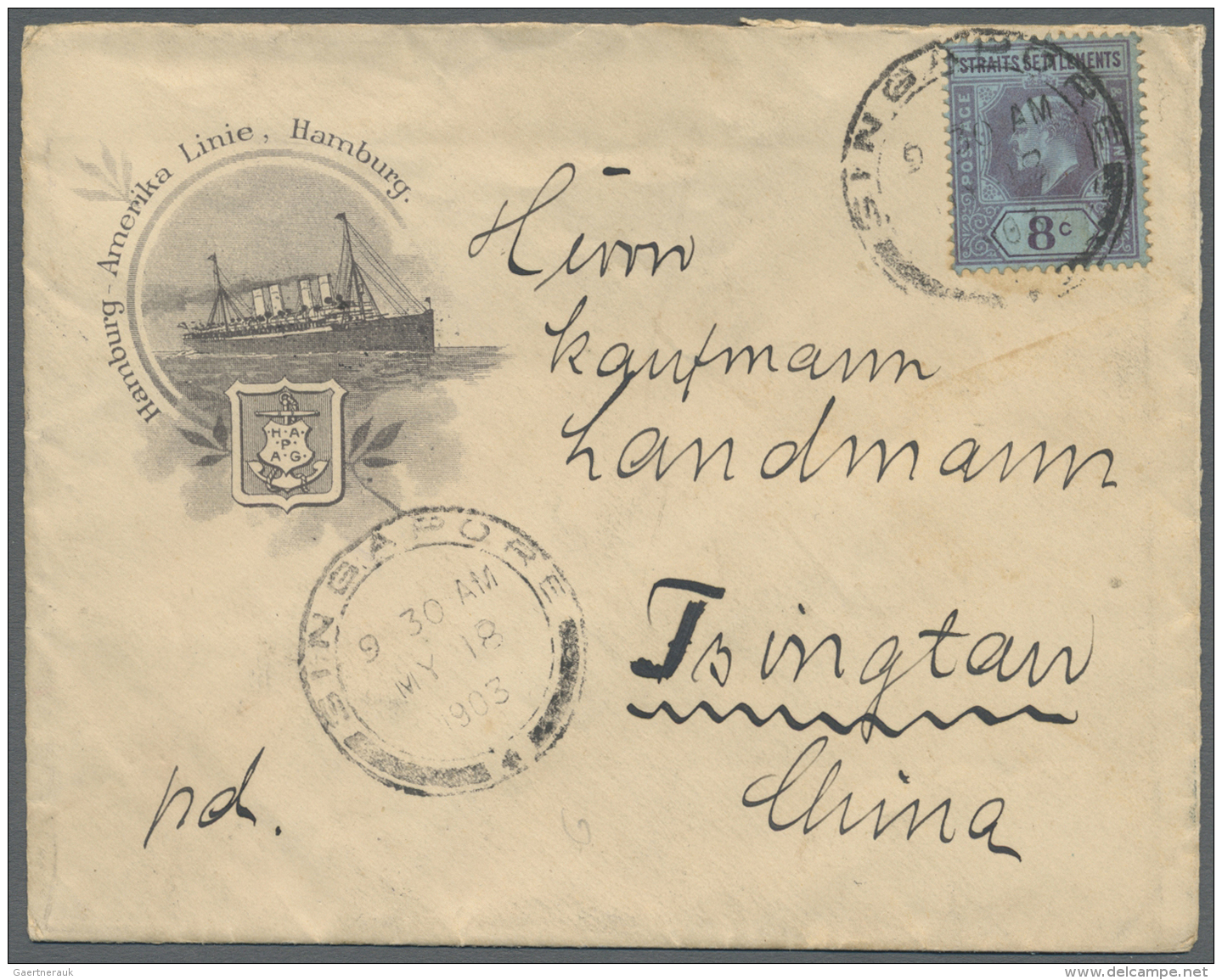 Singapur: 1903, KEVII 8 C. Tied "SINGAPORE MY 18 1903" To Small Size Illustrated HAPAG-cover To Tsingtau/China, On Rever - Singapore (...-1959)