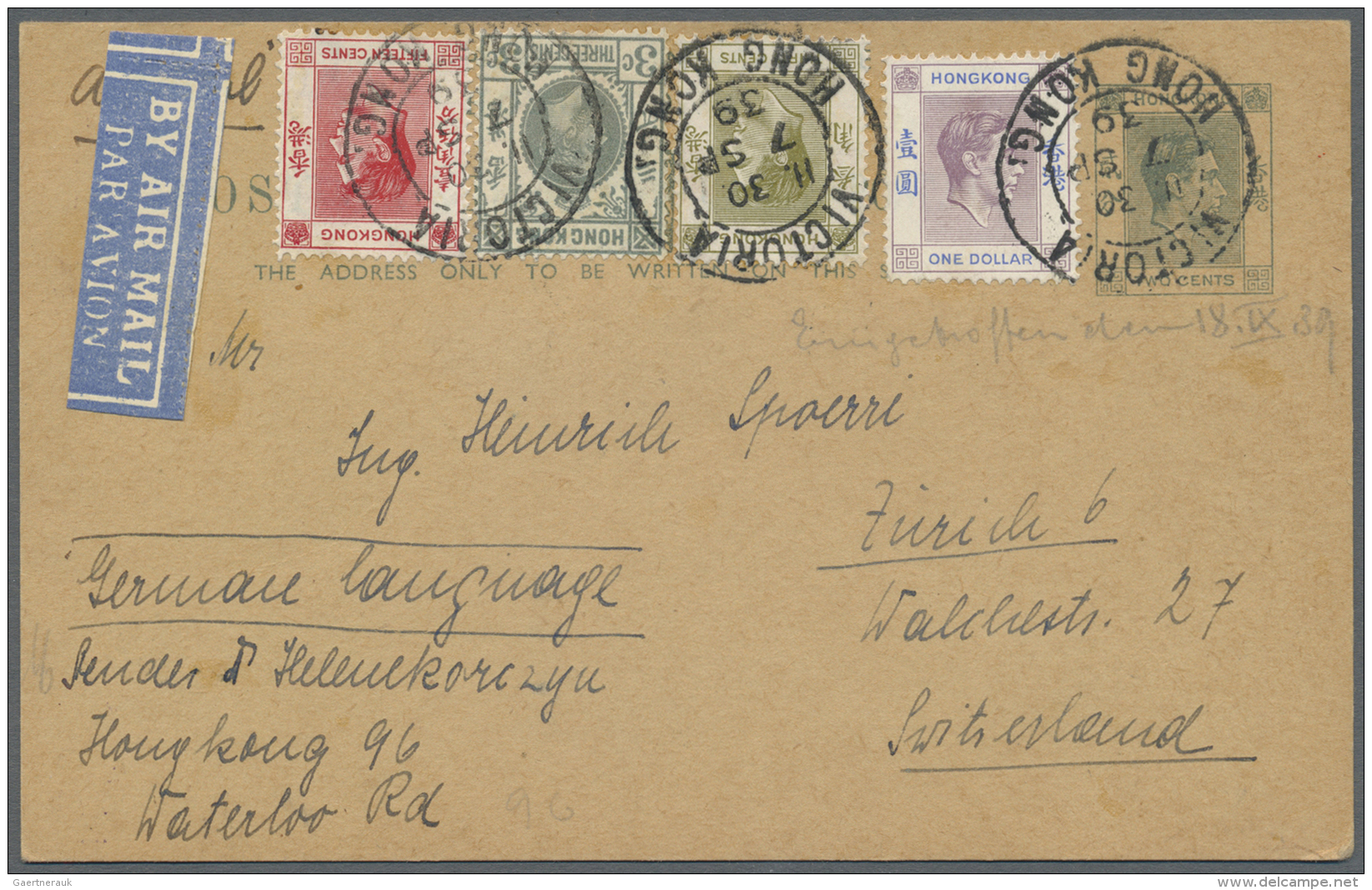 Hongkong - Ganzsachen: 1939, Card KGVI 2 C. Uprated KGV 3 C. And KGVI 15 C., 30 C. And $1 Canc. "VICTORIA HONG KONG 7 SP - Postwaardestukken