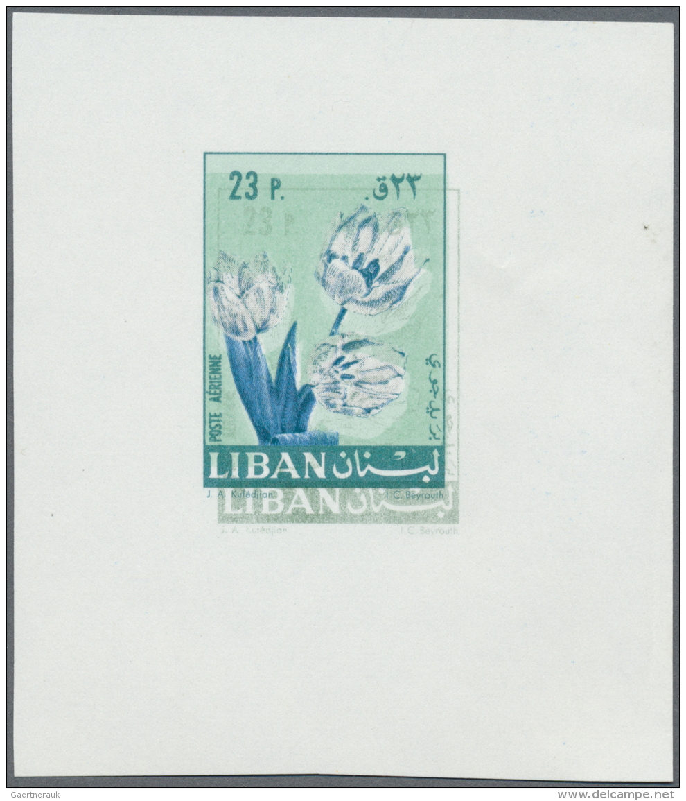 Libanon: 1960 Ca., Air Mail Essays On Small Sheetlet For 23p. Value Flowers, One Printed On Card Missing Red Color, One - Libanon